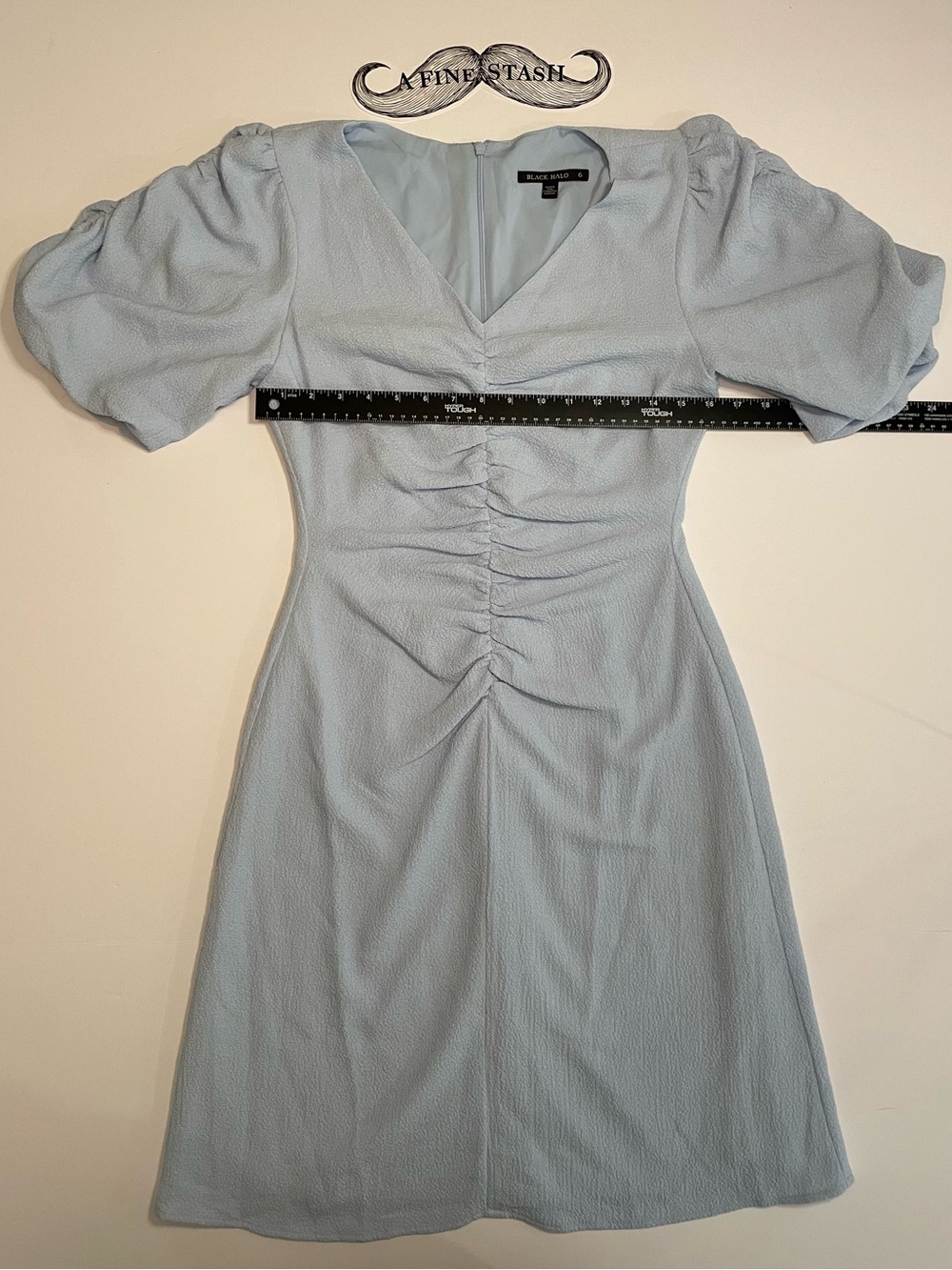 Black Halo Remus Ruched Cocktail Dress Maliblue Light Blue Puff Sleeve Size 6